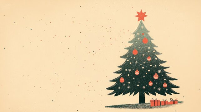 A clean, retro-inspired Christmas card with a minimal tree, subtle decorations, and a warm greeting in classic, understated typography.