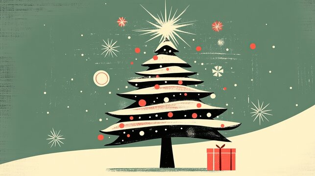 A clean, retro-inspired Christmas card with a minimal tree, subtle decorations, and a warm greeting in classic, understated typography.