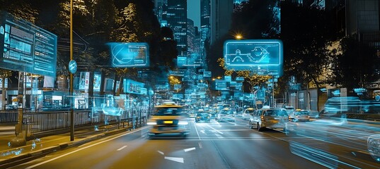 Wall Mural - A futuristic city with AI-controlled transportation and holographic ads