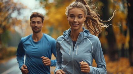 A man and a girl athletes go jogging in nature. Morning runs