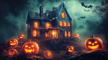 A haunted house on a hill with glowing windows, jack-o'-lanterns, and bats flying in the sky.