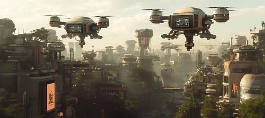Poster - Floating AI Drones Patrol Futuristic City, Lighting Digital Billboards Brightly
