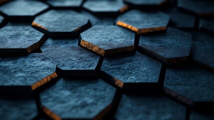 Abstract background of dark blue textured hexagonal tiles with glowing edges.