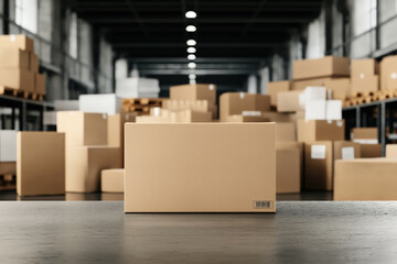 Sticker - Cardboard box mockup in a large industrial warehouse with rows of shelves filled with packages and other boxes in the background. Ideal for logistic or storage concepts.