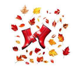 Wall Mural - Red Rain Boots Surrounded by Autumn Leaves