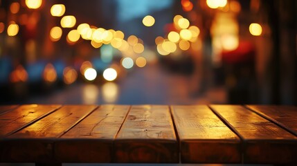 Wall Mural - The surface of a wooden table in an outdoor cafe restaurant on a terrace, with a blurred background and glowing bokeh lights