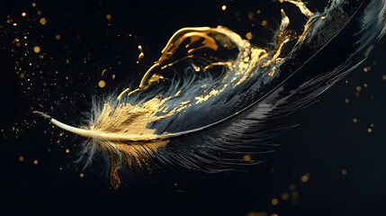 Wall Mural - Feather Ink Dip: A feather suspended in mid-air, dipped in gold and black ink, with the ink dripping and mixing in the air. 
