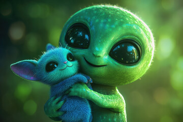 Friendly green alien holding a cute blue fluffy pet with large eyes