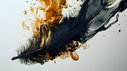 Wall Mural - Feather Ink Dip: A feather suspended in mid-air, dipped in gold and black ink, with the ink dripping and mixing in the air. 
