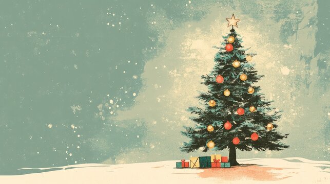 A retro-inspired Christmas card with a classic tree, old-fashioned lights, and a warm holiday message in faded vintage typography.