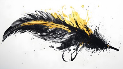 Wall Mural - Feather Ink Dip: A feather suspended in mid-air, dipped in gold and black ink, with the ink dripping and mixing in the air. 
