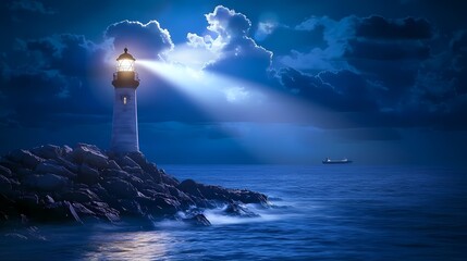 Majestic lighthouse illuminating the night sea under dramatic clouds.