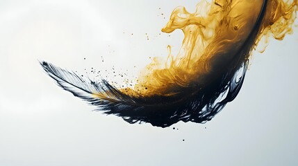 Wall Mural - Feather Ink Dip: A feather suspended in mid-air, dipped in gold and black ink, with the ink dripping and mixing in the air. 
