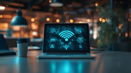 Poster - A laptop connected to a wireless network, with a focus on the Wi-Fi icon and a vibrant, modern workspace in the background.