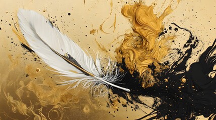 Wall Mural - Feather Ink Dip: A feather suspended in mid-air, dipped in gold and black ink, with the ink dripping and mixing in the air. 
