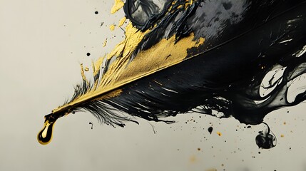 Wall Mural - Feather Ink Dip: A feather suspended in mid-air, dipped in gold and black ink, with the ink dripping and mixing in the air. 
