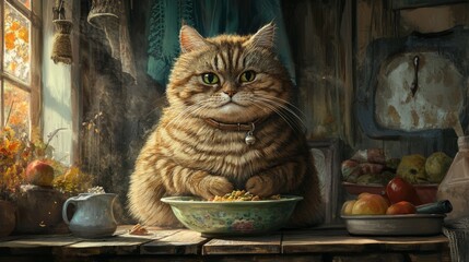 Poster - A large cat with a full belly sitting at a feeding station, eating from a bowl with a satisfied expression, surrounded by a cozy, homey environment.