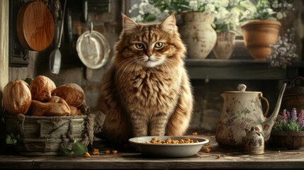 Poster - A large cat with a full belly sitting at a feeding station, eating from a bowl with a satisfied expression, surrounded by a cozy, homey environment.