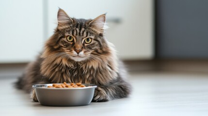 Poster - A large, fluffy cat sitting contentedly in front of its food bowl, with its rounded body and focused expression on the meal, set against a clean, well-lit background.