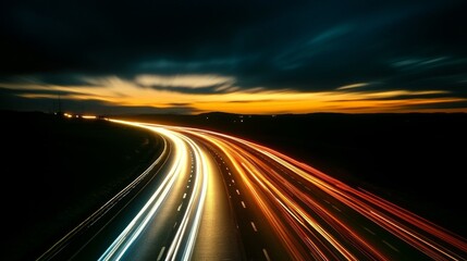Poster - A long exposure shot of a highway, capturing the light trails of moving cars and the smooth, blurred lines of traffic against a dark, night sky.