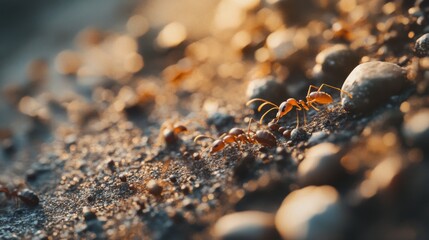 Poster - A macro shot of ants on a garden path, with visible details of their legs and bodies, surrounded by small pebbles and soil