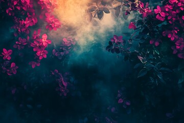 Wall Mural - Mystical Forest Background with Pink Flowers and Fog