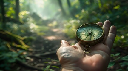 Hand Holding a Compass: A hand holding a compass, pointing towards a direction in a forest. 
