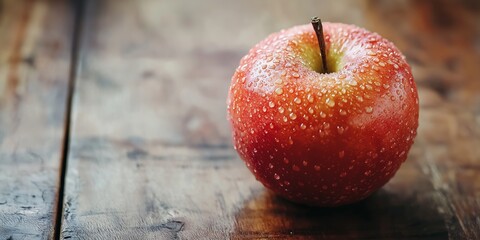 Wall Mural - Close-up photograph of a red apple glistening with dew drops, sitting on a textured wooden surface.