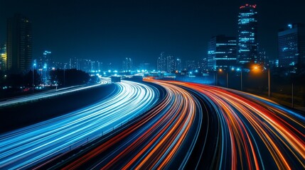 Leinwandbilder - A nighttime shot of a highway with bright city lights and light trails from passing cars, creating a dynamic and vibrant urban scene.