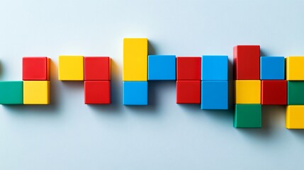 A collection of colorful building blocks arranged neatly on a light solid color background