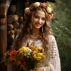 girl, woman, lady, village, folklore, traditions, wreath, bouquet, traditional outfit, nature, flowers, blouse, smile, beauty, natural beauty