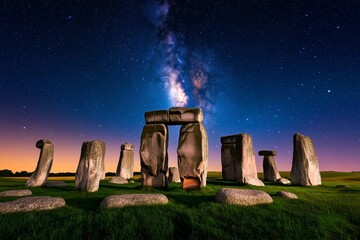 Starry skies over an ancient stone circle, with the stars seemingly aligning with the mysterious monuments