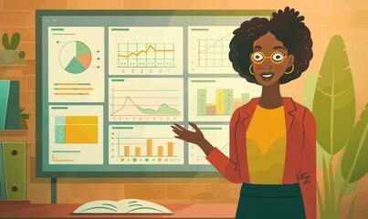 colorful illustration of woman presenting data charts on board in office environment or on scene, female speaker explains business growth and statistics