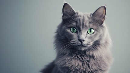 A close-up of a Blue Russian cat with striking emerald green eyes, sitting gracefully on a light solid color background, showcasing its plush fur and elegant features