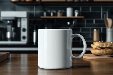 Wall Mural - A blank white mug mockup placed on a wooden kitchen table against a blurred background of kitchen elements, including a coffee machine, shelves, and pastries.