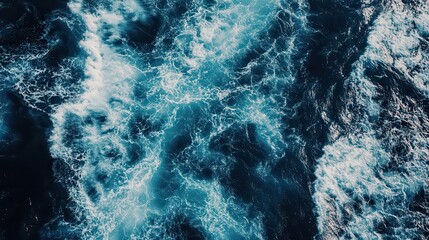 Poster - aerial top view of ocean waves splashing in deep blue sea spectacular drone photo backdrop