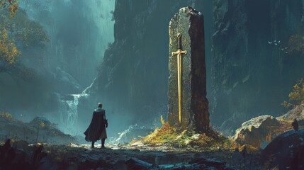 Canvas Print - A lone figure gazes at a giant sword embedded in a stone in a mystical forest.