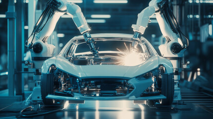 Poster - Robot welder in the automotive sector. White robots welding the car frame in an auto manufacturing plant. The robots sketch the concept car's outline using a laser beam or ray.
