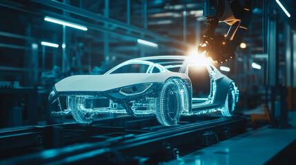 Poster - Robot welder in the automotive sector. White robots welding the car frame in an auto manufacturing plant. The robots sketch the concept car's outline using a laser beam or ray.