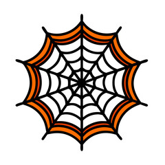 A spider web with orange and white stripes. The web is drawn in a cartoon style