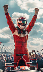 professional formula 1 racing driver pilot in red uniform and helmet celebrating victory, motorsport
