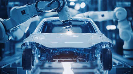 Poster - Robot welder in the automotive sector. White robots welding the car frame in an auto manufacturing plant. The robots sketch the concept car's outline using a laser beam or ray.