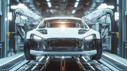 Poster - Robot welder in the automotive sector. White robots welding the car frame in an auto manufacturing plant. The robots sketch the concept car's outline using a laser beam or ray.