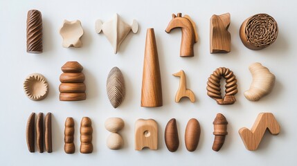 A collection of handcrafted wooden toys arranged neatly on a light solid color background, showcasing their intricate details and natural textures