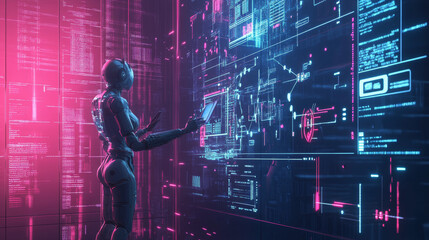 Poster - Robotic figures, male and female, with artificial intelligence engaging with a virtual interface in a cybernetic environment. Machine learning. AI managing global business operations. Futuristic 3D 