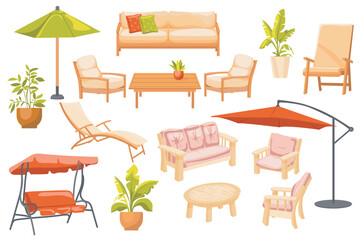 Wall Mural - Outdoor furniture set elements in flat graphic design. Bundle objects of backyard wooden sofas with pillows, umbrella, armchairs and table, plants in pots, swing canopy and other. Vector illustration.