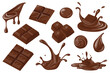 © alexdndz - Chocolate set elements in flat graphic design. Bundle objects of sweet brown cocoa melting, chopped dark chocolate bars, candy, droplets, flowing streams, liquid cream splashes. Vector illustration.