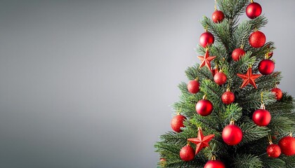 Canvas Print - A close-up view of a decorated Christmas tree, capturing the essence of the holiday spirit with red baubles and golden stars. Decorative background