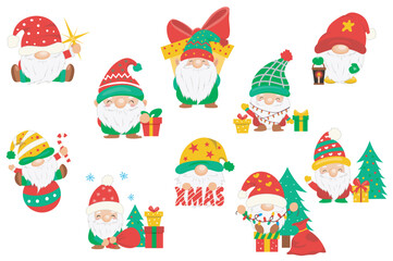 Poster - Christmas cute gnomes set elements in flat graphic design. Bundle objects of funny scandinavian traditional dwarfs with beard and hats holds star, gifts, candy, garland, other. Vector illustration.