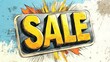 © Prim2513 - Comic-style sale sign featuring bold yellow lettering with a dynamic burst effect, set against a textured, colorful background